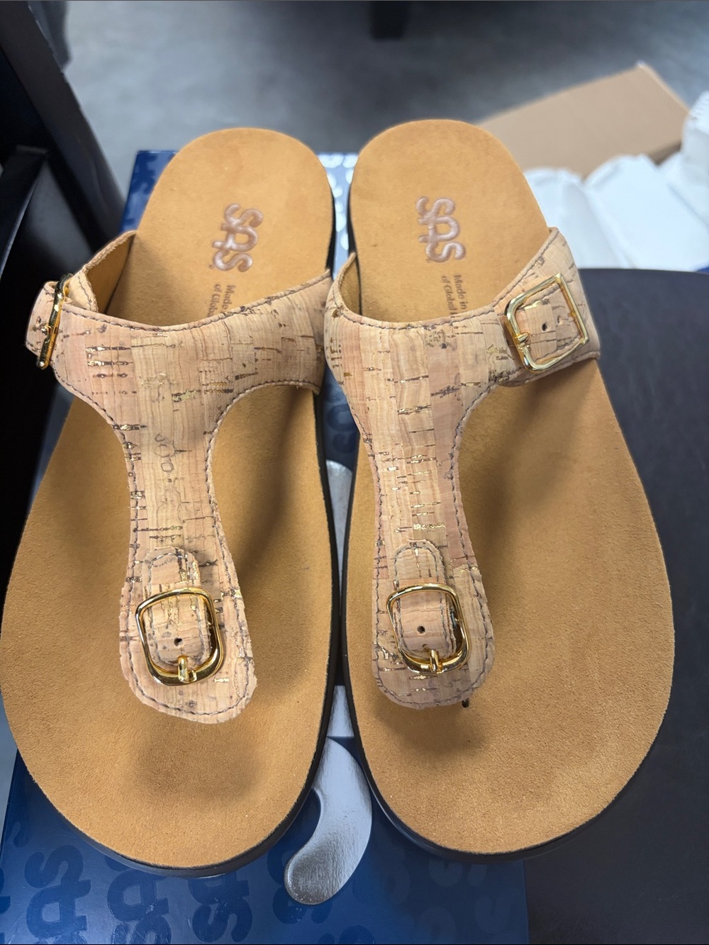 SAS Women's Cork-Pattern Tan Thong Sandals with Gold Buckle